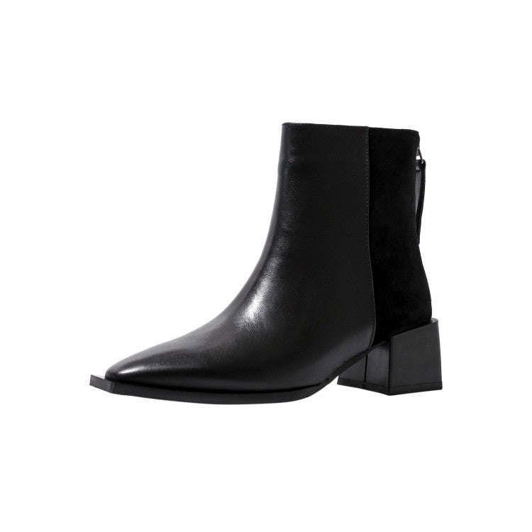 Stitched Pointed Back Zipper Mid-block Heel Ankle Boots
