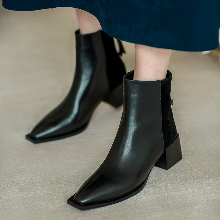 Stitched Pointed Back Zipper Mid-block Heel Ankle Boots