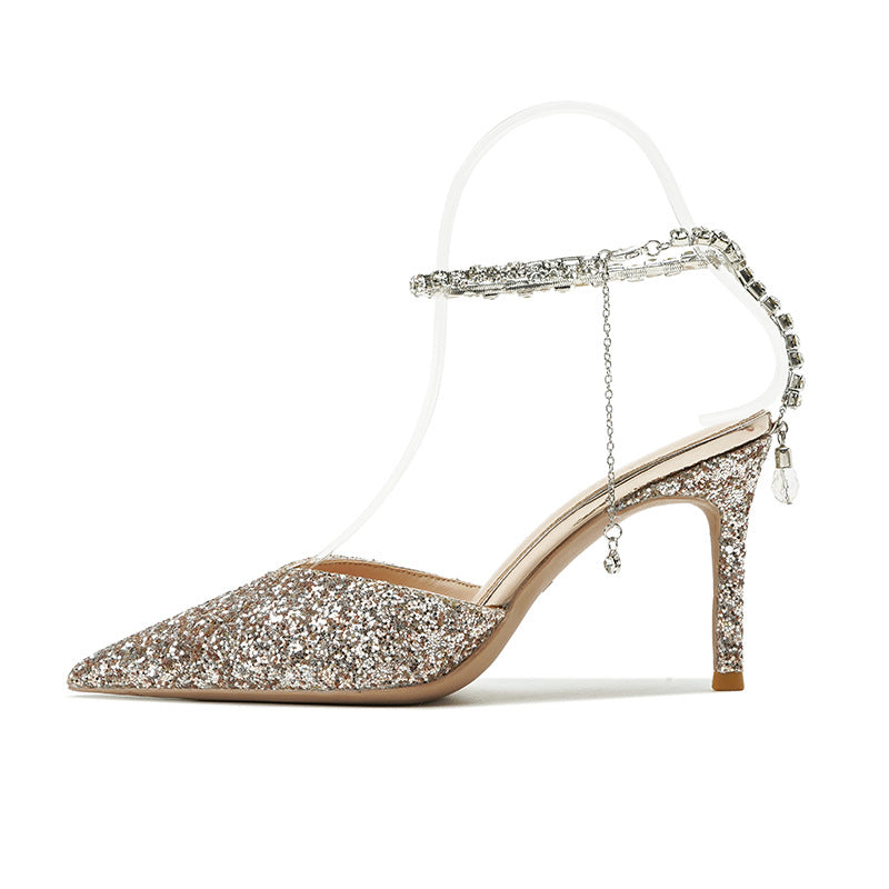 Sharp Pointed Rhinestone Chain High Heels With Fine Heels