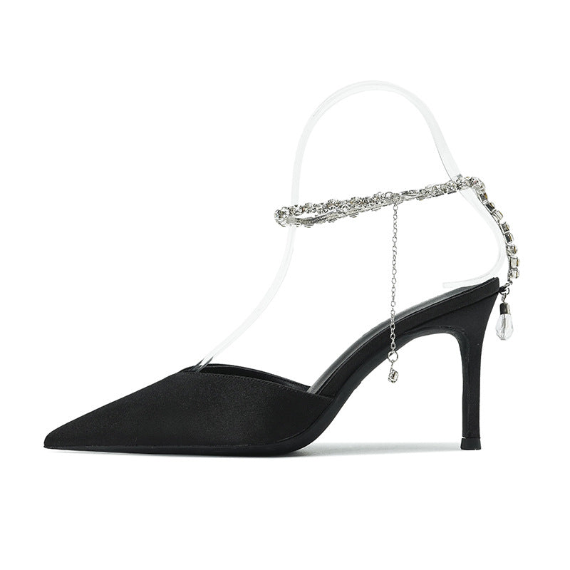 Sharp Pointed Rhinestone Chain High Heels With Fine Heels