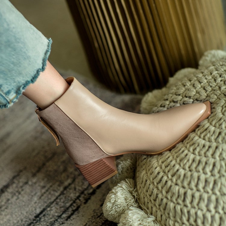 Stitched Pointed Back Zipper Mid-block Heel Ankle Boots