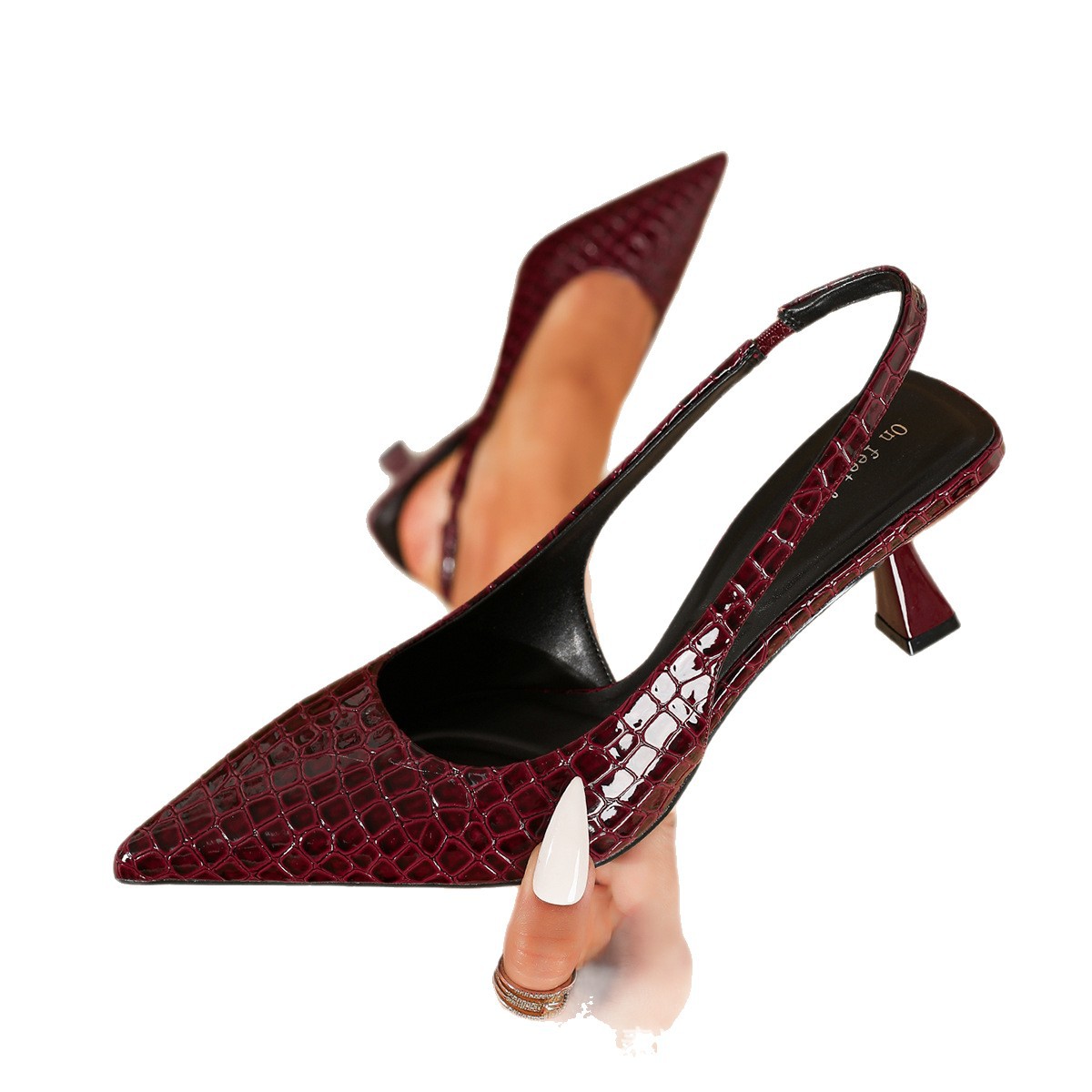 Fashion Crystal Pattern High Heels Black Pointed Toe Strap Elastic Band Slingback